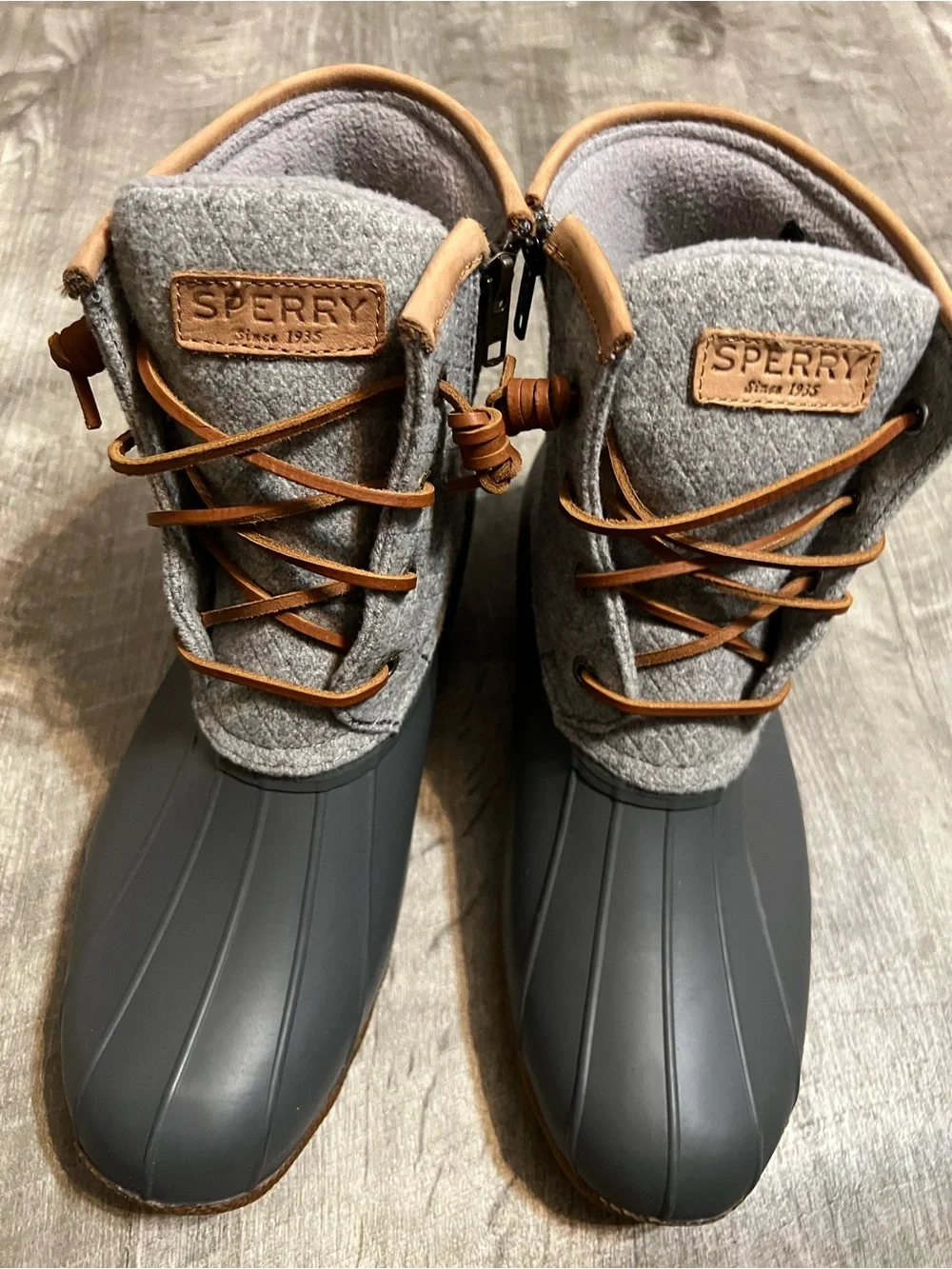 Sperry Gray and Brown Waterproof Wool-Trim Duck Boots